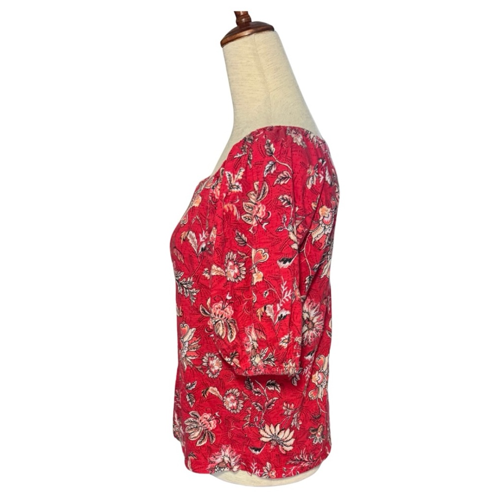 Bohemian Puff Sleeves Red Floral Cotton Blouse Sz XS - Picture 2 of 7
